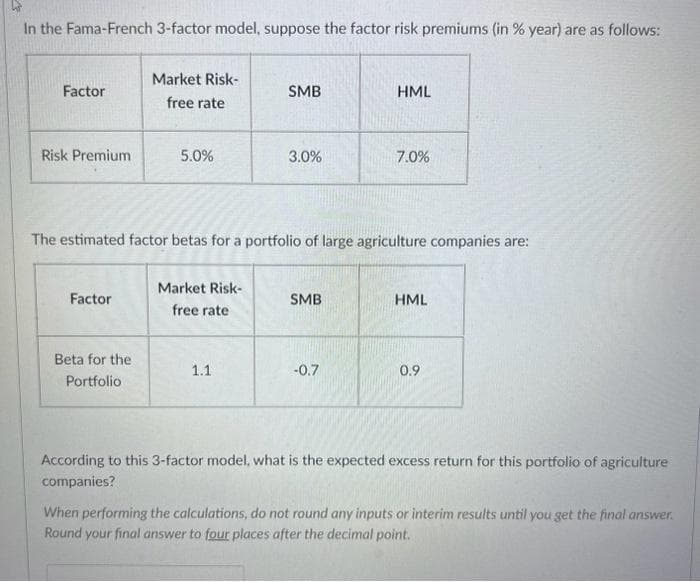 In the Fama-French 3-factor model, suppose the factor risk premiums (in % year) are as follows:
Factor
Risk Premium
Factor
Market Risk-
free rate
Beta for the
Portfolio
5.0%
Market Risk-
free rate
SMB
The estimated factor betas for a portfolio of large agriculture companies are:
1.1
3.0%
SMB
HML
-0.7
7.0%
HML
0.9
According to this 3-factor model, what is the expected excess return for this portfolio of agriculture
companies?
When performing the calculations, do not round any inputs or interim results until you get the final answer.
Round your final answer to four places after the decimal point.