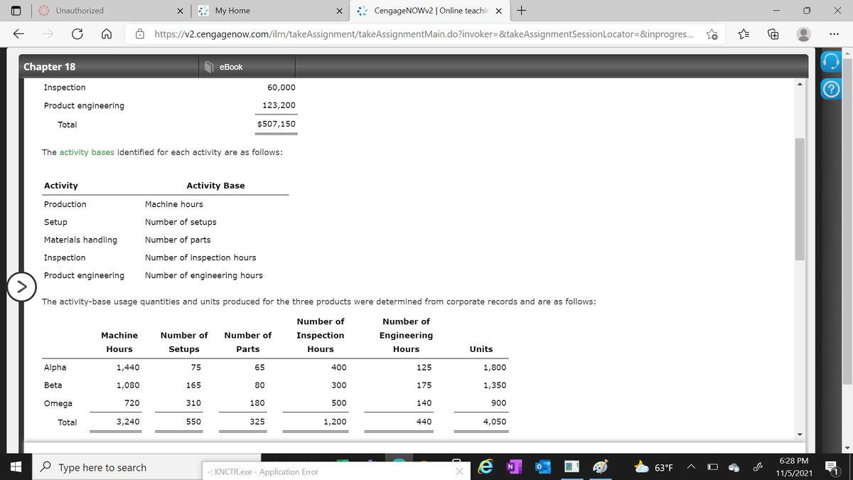Unauthorized
* My Home
CengageNOWv2 | Online teachin ×
+
https://v2.cengagenow.com/ilrn/takeAssignment/takeAssignmentMain.do?invoker=&takeAssignmentSessionLocator=&inprogres.
Chapter 18
еBook
Inspection
60,000
Product engineering
123,200
Total
$507,150
The activity bases identified for each activity are as follows:
Activity
Activity Base
Production
Machine hours
Setup
Number of setups
Materials handling
Number of parts
Inspection
Number of inspection hours
Product engineering
Number of engineering hours
The activity-base usage quantities and units produced for the three products were determined from corporate records and are as follows:
Number of
Number of
Machine
Number of
Number of
Inspection
Engineering
Hours
Setups
Parts
Hours
Hours
Units
Alpha
1,440
75
65
400
125
1,800
Beta
1,080
165
80
300
175
1,350
Omega
720
310
180
500
140
900
Total
3,240
550
325
1,200
440
4,050
6:28 PM
O Type here to search
63°F
-: KNCTR.exe - Application Error
11/5/2021

