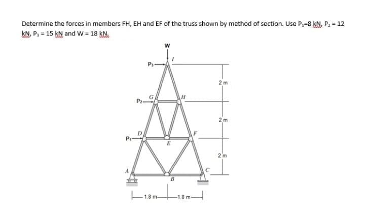 Determine the forces in members FH, EH and EF of the truss shown by method of section. Use P,=8 kN, P; = 12
kN, P3 = 15 kN and w = 18 kN.
2 m
P2
2 m
2 m
1.8 m-
-1.8 m-
