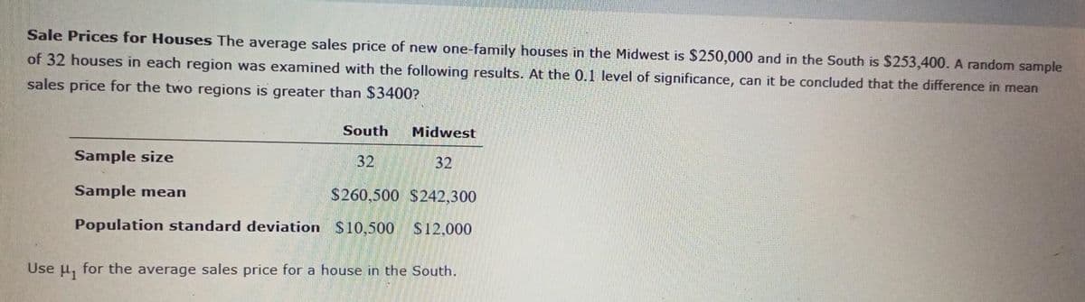 Sale Prices for Houses The average sales price of new one-family houses in the Midwest is $250,000 and in the South is $253,400. A random sample
of 32 houses in each region was examined with the following results. At the 0.1 level of significance, can it be concluded that the difference in mean
sales price for the two regions is greater than $3400?
South
Midwest
Sample size
32
32
Sample mean
$260,500 $242,300
Population standard deviation $10,500 S12,000
Use
for the average sales price for a house in the South.
