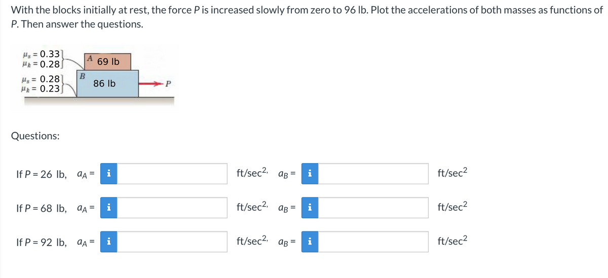 With the blocks initially at rest, the force Pis increased slowly from zero to 96 lb. Plot the accelerations of both masses as functions of
P. Then answer the questions.
Hs = 0.33
HR = 0.28
69 lb
Hs = 0.28
H = 0.23
B
86 lb
P
Questions:
If P = 26 lb, aA =
ft/sec2,
i
ft/sec2
i
aB =
If P = 68 lb, aA =
ft/sec2. aB=
ft/sec2
%3D
If P = 92 lb, aA =
ft/sec2.
aB =
i
ft/sec2
%3D
