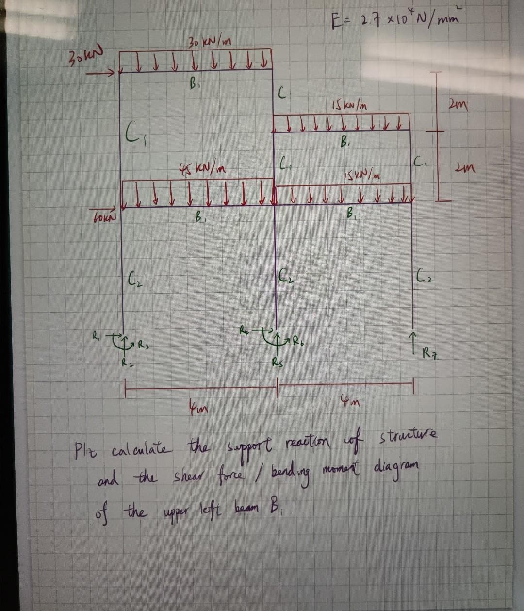 E- 27X10N/mm
30 KN/m
B.
B.
4s KN/m
fouN
B.
R,
Rs
Plz caleulate the support reaitiom wof structure
ond the shear force/ bend ng morment diagram
of the upper left beam B,
