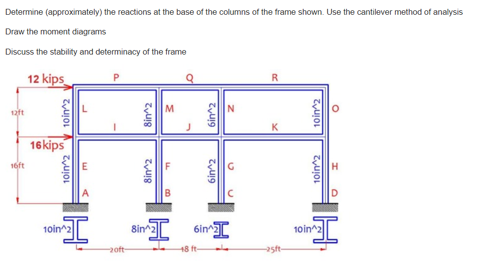 Determine (approximately) the reactions at the base of the columns of the frame shown. Use the cantilever method of analysis
Draw the moment diagrams
Discuss the stability and determinacy of the frame
12 kips
R
M
N
12ft
K
16kips
16ft
10in^2
8in^2|
6in^2
10in^2
20ft-
48 ft-
25ft
10in^2
V 10in^2
8in^2
8in^2
6in^2
10in^2
10in^2
