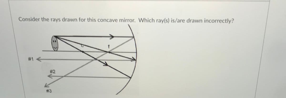 Consider the rays drawn for this concave mirror. Which ray(s) is/are drawn incorrectly?
#1
#3
#2