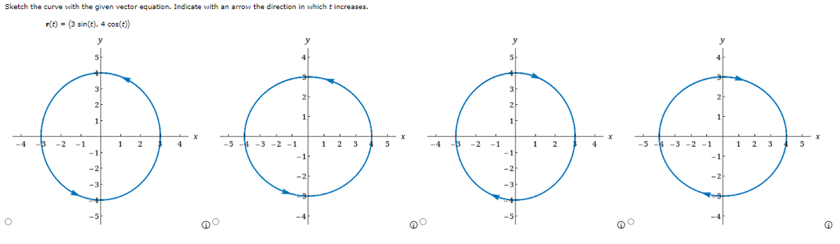 Sketch the curve with the given vector equation. Indicate with an arrow the direction in which t increases.
r(t) = (3 sin(E), 4 cos(t))
y
2
2
1
1
0000
1 2 3
5
-3 -2 -1
-1
-1
-2
0
4 - 3
- 3 -2 -1
5
3
2
1
-1
-2
-3
1 2
4
y
-5-4-3 -2 -1
4
-2
3
-3
1 2
4
-5-4-3 -2 -1
2
1
-1
-2
1
2 3
45
X
0