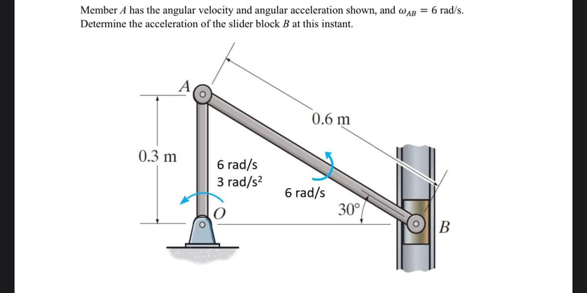 Member A has the angular velocity and angular acceleration shown, and WAB = 6 rad/s.
Determine the acceleration of the slider block B at this instant.
0.3 m
6 rad/s
3 rad/s²
0.6 m
6 rad/s
30°/
B