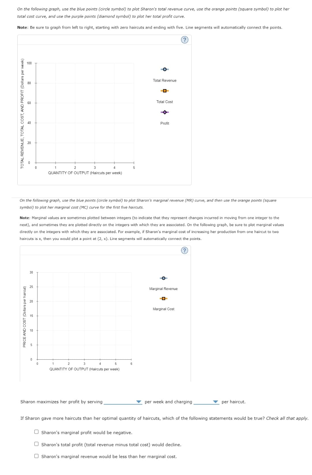 On the following graph, use the blue points (circle symbol) to plot Sharon's total revenue curve, use the orange points (square symbol) to plot her
total cost curve, and use the purple points (diamond symbol) to plot her total profit curve.
Note: Be sure to graph from left to right, starting with zero haircuts and ending with five. Line segments will automatically connect the points.
100
Total Revenue
80
Total Cost
Profit
4.
QUANTITY OF OUTPUT (Haircuts per week)
On the following graph, use the blue points (circle symbol) to plot Sharon's marginal revenue (MR) curve, and then use the orange points (square
symbol) to plot her marginal cost (MC) curve for the first five haircuts.
Note: Marginal values are sometimes plotted between integers (to indicate that they represent changes incurred in moving from one integer to the
next), and sometimes they are plotted directly on the integers with which they are associated. On the following graph, be sure to plot marginal values
directly on the integers with which they are associated. For example, if Sharon's marginal cost of increasing her production from one haircut to two
haircuts is x, then you would plot a point at (2, x). Line segments will automatically connect the points.
(?
30
25
Marginal Revenue
20
Marginal Cost
15
QUANTITY OF OUTPUT (Haircuts per week)
Sharon maximizes her profit by serving
per week and charging
per haircut.
If Sharon gave more haircuts than her optimal quantity of haircuts, which of the following statements would be true? Check all that apply.
O Sharon's marginal profit would be negative.
O Sharon's total profit (total revenue minus total cost) would decline.
O Sharon's marginal revenue would be less than her marginal cost.
TOTAL REVENUE, TOTAL COST, AND PROFIT (Dollars per week)
PRICE AND COST (Dollars per haircut)
