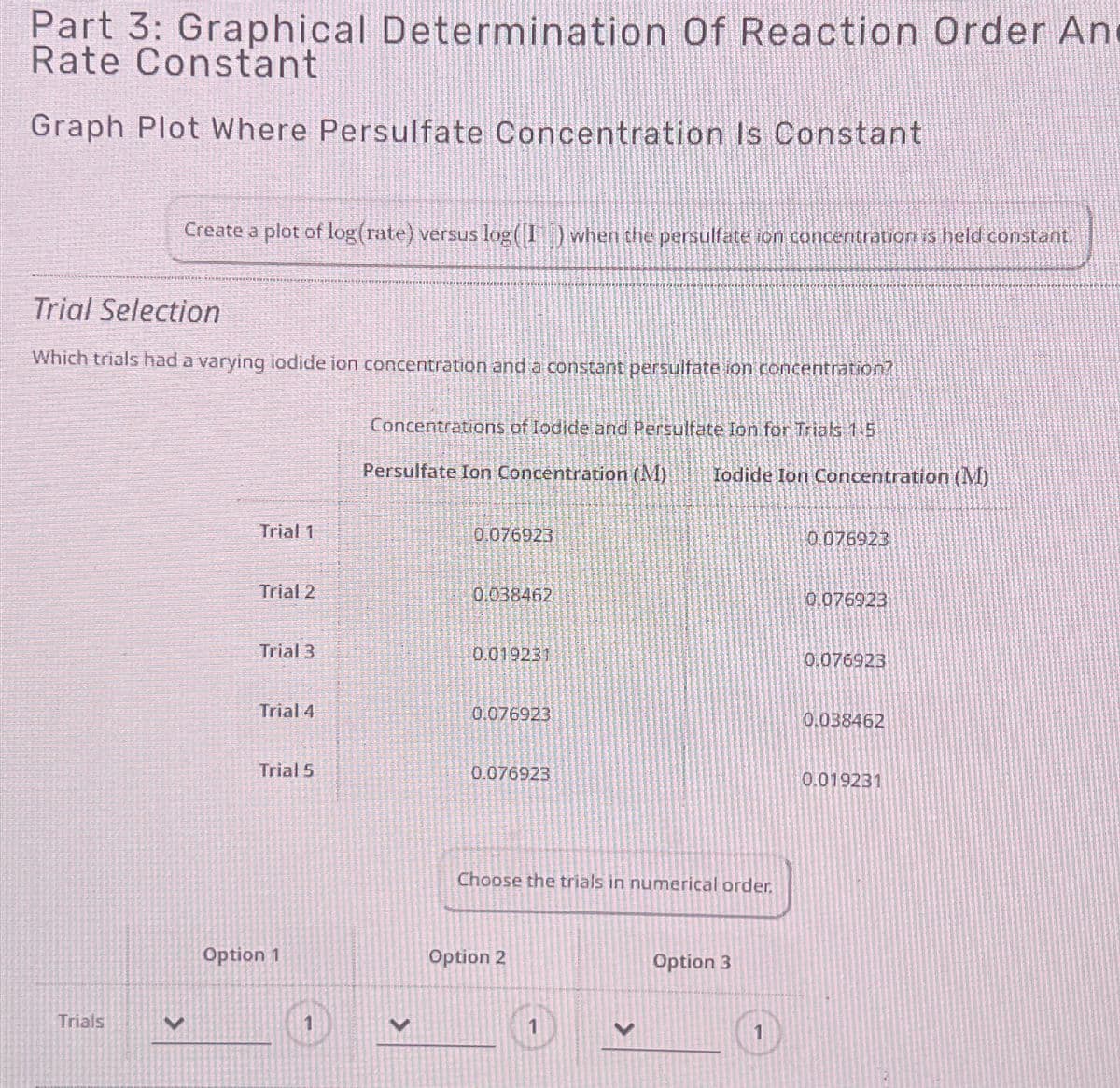 Part 3: Graphical Determination Of Reaction Order An
Rate Constant
Graph Plot Where Persulfate Concentration Is Constant
Create a plot of log(rate) versus log(I) when the persulfate ion concentration is held constant.
Trial Selection
Which trials had a varying iodide ion concentration and a constant persulfate ion concentration?
Trials
Trial 1
Trial 2
Trial 3
Trial 4
Trial 5
Option 1
O
Concentrations of lodide and Persulfate Ion for Trials 1.5
Persulfate Ion Concentration (M) Iodide Ion Concentration (M)
<
0.076923
0.038462
0.019231
0.076923
0.076923
Choose the trials in numerical order.
Option 2
<
Option 3
0.076923
0.076923
0.076923
0.038462
0.019231