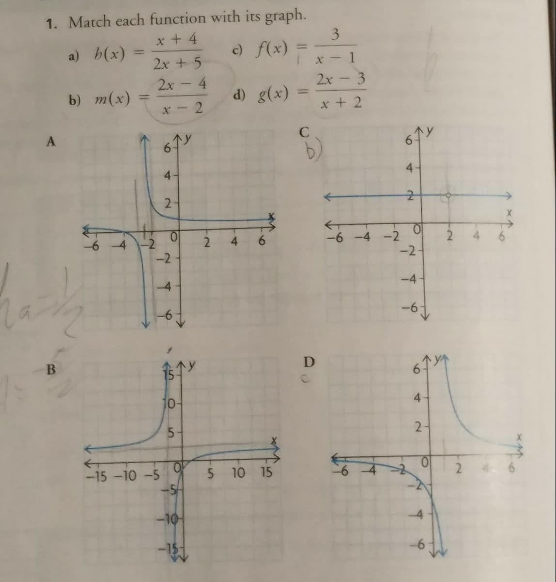 1. Match each function with its graph.
x + 4
3
a) b(x)
c) f(x)
%3D
%3D
2x + 5
2x-4
2x
b) m(x)
d) g(x) =
%3D
%3D
X - 2
x+ 2
4.
2.
-4 -2
-2
-2-
-4
-4
-6
B
D
6.
10-
4-
5-
2-
-15 -10 -5
5 10 15
6.
6
4)
6
4.
6)
