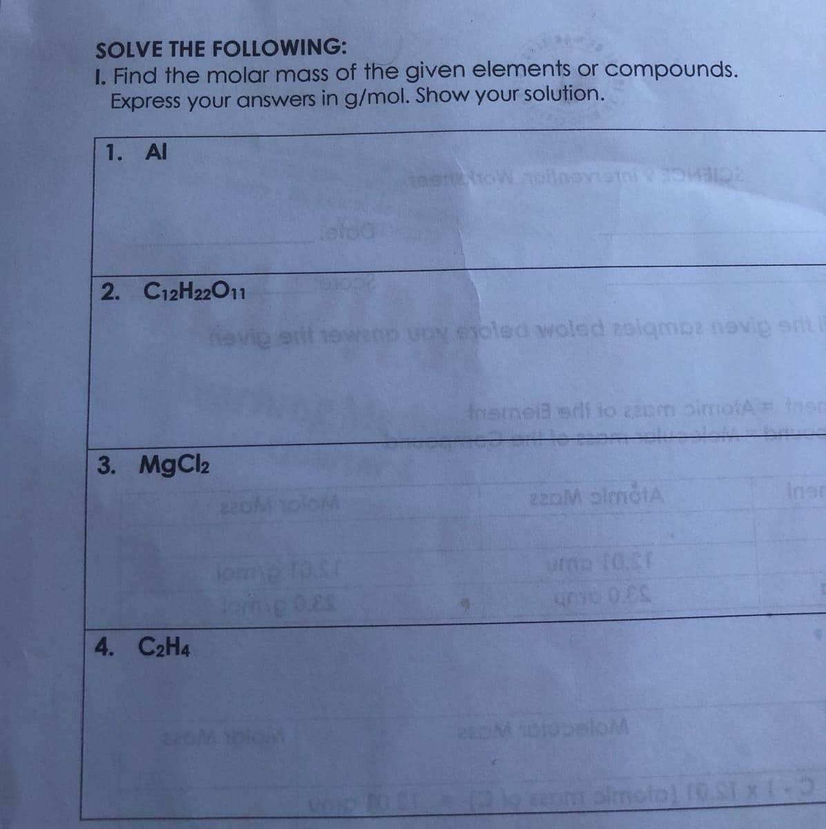 SOLVE THE FOLLOWING:
I. Find the molar mass of the given elements or compounds.
Express your answers in g/mol. Show your solution.
1. Al
tesnetoW
otod
2. C12H22011
Insmel3 edf io 22om oimotA Inem
3. MgCl2
loM
220M oimotA
Insr
umo 10.01
umb 0.C
lomp fo.cr
4. C2H4
OM YoloM
