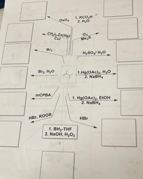 1. RCO3H
2. H20
Oso.
CH; Zn(Hg)
Cul
CHCH
Me2s
Br2
H,SOJ H2O
Br2, H20
1.Hg(OAc)2, H20
2. NABH4
mCPBA
1. Hg(OAc)2, EtOH
2. NABH4
HBr, ROOR
HBr
1. ВН3-THF
2. NaOH, H202
