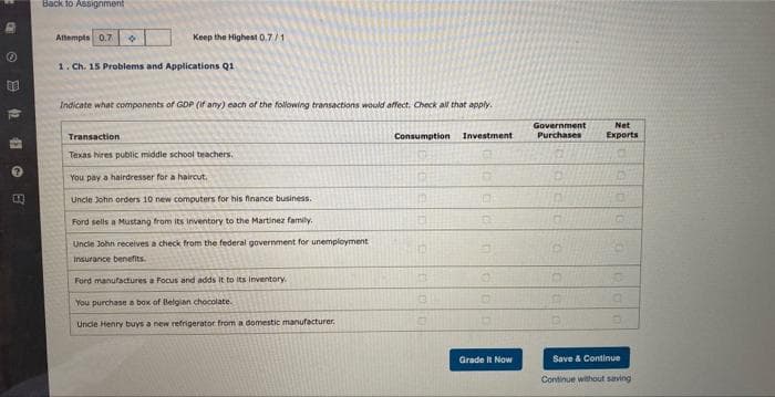 1
B
Back to Assignment
Attempts 0.7
Keep the Highest 0,7/1
1. Ch. 15 Problems and Applications Q1
Indicate what components of GDP (if any) each of the following transactions would affect. Check all that apply.
Transaction
Texas hires public middle school teachers.
You pay a hairdresser for a haircut.
Uncle John orders 10 new computers for his finance business.
Ford sells a Mustang from its inventory to the Martinez family.
Uncle John receives a check from the federal government for unemployment
Insurance benefits.
Ford manufactures a Focus and adds it to its inventory.
You purchase a box of Belgian chocolate.
Uncle Henry buys a new refrigerator from a domestic manufacturer.
Consumption Investment
COD
Grade It Now
Government
Purchases
Net
Exports
a
B
Save & Continue
Continue without saving