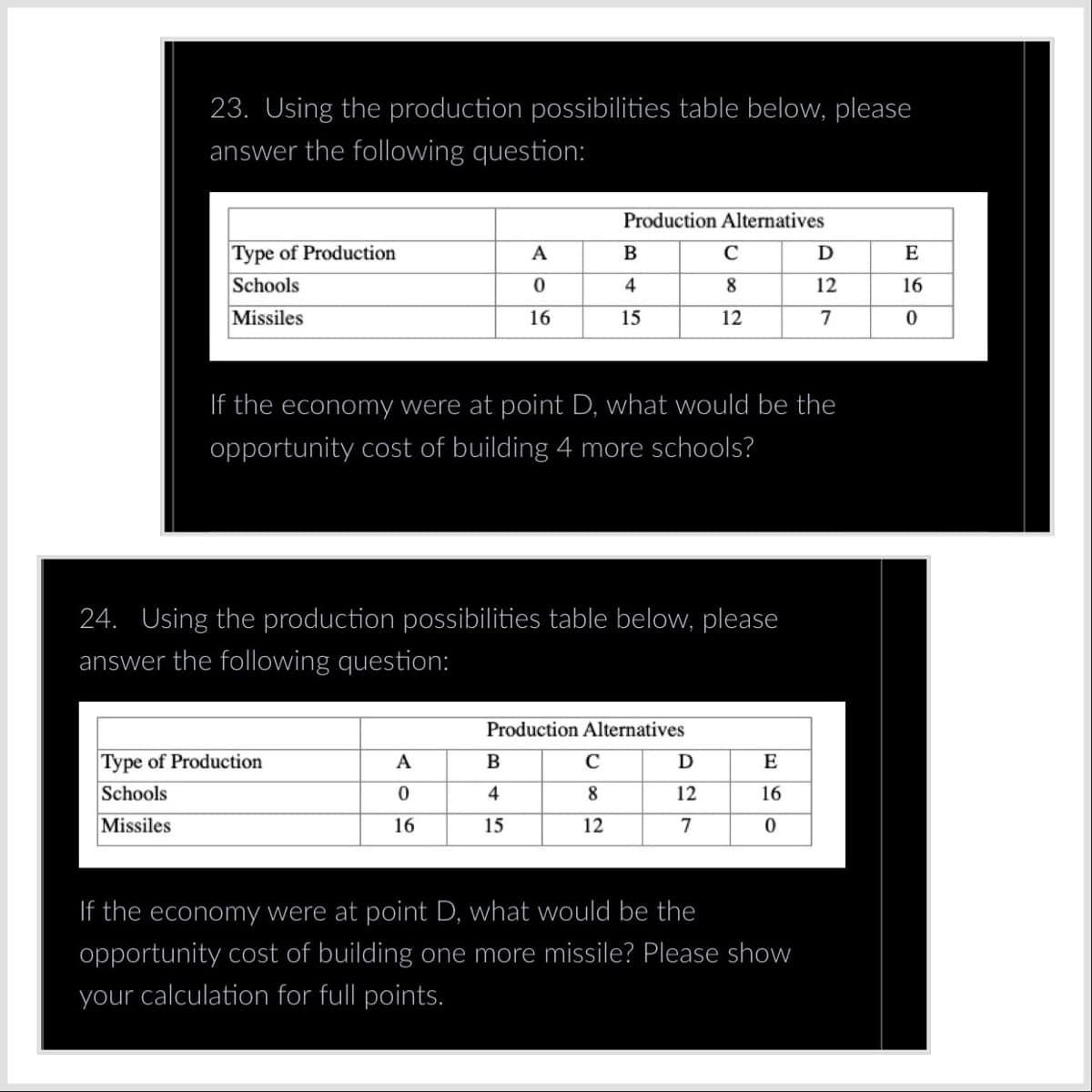 23. Using the production possibilities table below, please
answer the following question:
Type of Production
Schools
Missiles
Type of Production
Schools
Missiles
A
0
16
A
0
16
Production Alternatives
If the economy were at point D, what would be the
opportunity cost of building 4 more schools?
24. Using the production possibilities table below, please
answer the following question:
B
4
15
B
4
15
Production Alternatives
C
8
12
с
8
12
D
12
7
E
16
0
D
12
7
If the economy were at point D, what would be the
opportunity cost of building one more missile? Please show
your calculation for full points.
E
16
0