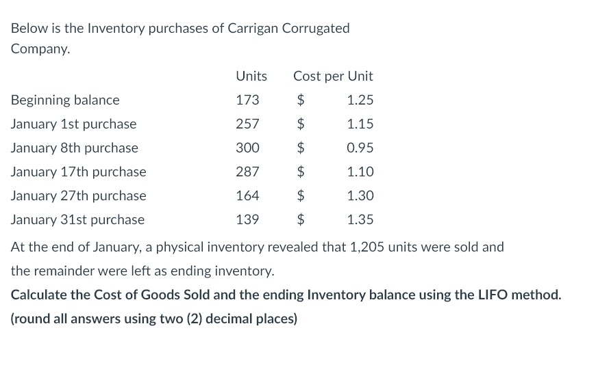 Below is the Inventory purchases of Carrigan Corrugated
Company.
Beginning balance
January 1st purchase
January 8th purchase
January 17th purchase
January 27th purchase
January 31st purchase
Units
173
257
300
287
164
139
Cost per Unit
$
1.25
$
1.15
$
0.95
$
1.10
$
1.30
$
1.35
At the end of January, a physical inventory revealed that 1,205 units were sold and
the remainder were left as ending inventory.
Calculate the Cost of Goods Sold and the ending Inventory balance using the LIFO method.
(round all answers using two (2) decimal places)