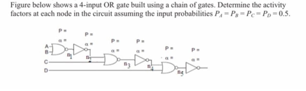 Figure below shows a 4-input OR gate built using a chain of gates. Determine the activity
factors at each node in the circuit assuming the input probabilities PA= PB = Pc = PD=0.5.
C
D
an
am
P =
am
Domz
an
am
ng
a