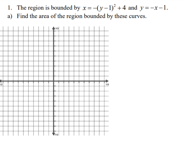 1. The region is bounded by x=-(y-1)² +4 and y=-x-1.
a) Find the area of the region bounded by these curves.
10
10
