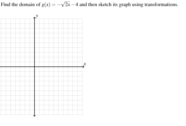 Find the domain of g(x) = -/2x– 4 and then sketch its graph using transformations.
