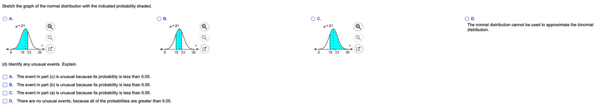 Sketch the graph of the normal distribution with the indicated probability shaded.
А.
В.
Oc.
D.
Q
The normal distribution cannot be used to approximate the binomial
distribution.
H=21
H=21
H=21
X
6
18 23
36
18 23
36
18 23
36
(d) Identify any unusual events. Explain.
A. The event in part (c) is unusual because its probability is less than 0.05.
B. The event in part (b) is unusual because its probability is less than 0.05.
C. The event in part (a) is unusual because its probability is less than 0.05.
D. There are no unusual events, because all of the probabilities are greater than 0.05.
of
-------
----
---------
