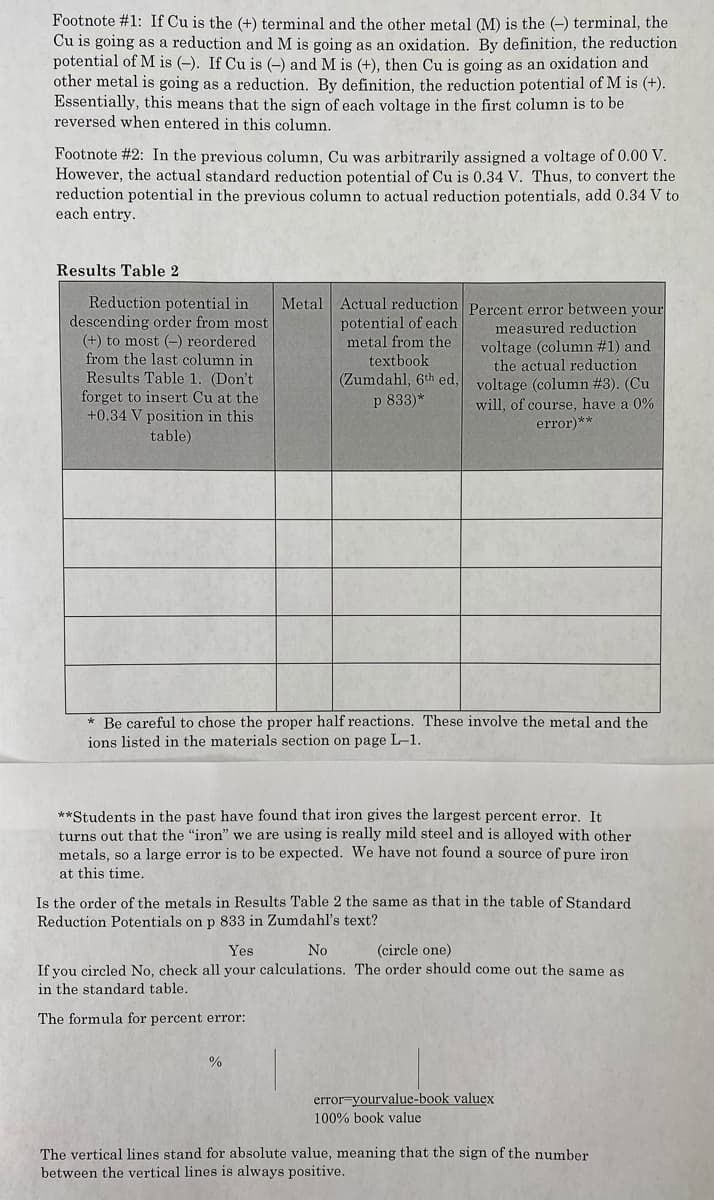 Footnote #1: If Cu is the (+) terminal and the other metal (M) is the (-) terminal, the
Cu is going as a reduction and M is going as an oxidation. By definition, the reduction
potential of M is (-). If Cu is (-) and M is (+), then Cu is going as an oxidation and
other metal is going as a reduction. By definition, the reduction potential of M is (+).
Essentially, this means that the sign of each voltage in the first column is to be
reversed when entered in this column.
Footnote #2: In the previous column, Cu was arbitrarily assigned a voltage of 0.00 V.
However, the actual standard reduction potential of Cu is 0.34 V. Thus, to convert the
reduction potential in the previous column to actual reduction potentials, add 0.34 V to
each entry.
Results Table 2
Metal Actual reduction Percent error between your
Reduction potential in
descending order from most
(+) to most (-) reordered
from the last column in
Results Table 1. (Don't
forget to insert Cu at the
+0.34 V position in this
table)
potential of each
measured reduction
metal from the
textbook
voltage (column #1) and
the actual reduction
(Zumdahl, 6th ed, voltage (column #3). (Cu
p 833)*
will, of course, have a 0%
error)**
* Be careful to chose the proper half reactions. These involve the metal and the
ions listed in the materials section on page L–1.
**Students in the past have found that iron gives the largest percent error. It
turns out that the "iron" we are using is really mild steel and is alloyed with other
metals, so a large error is to be expected. We have not found a source of pure iron
at this time.
Is the order of the metals in Results Table 2 the same as that in the table of Standard
Reduction Potentials on p 833 in Zumdahl's text?
Yes
No
(circle one)
If you circled No, check all your calculations. The order should come out the same as
in the standard table.
The formula for percent error:
%
error=yourvalue-book valuex
100% book value
The vertical lines stand for absolute value, meaning that the sign of the number
between the vertical lines is always positive.
