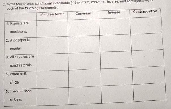D. Write four related conditional statements (if-then form, converse, inverse, and contrapositivej
each of the following statements.
If - then form:
Converse
Inverse
Contrapositive
1. Pianists are
musicians.
2. A polygon is
regular
3. All squares are
quadrilaterals.
4. When x=5,
x=25
5. The sun rises
at 6am.
