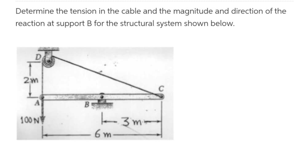 Determine the tension in the cable and the magnitude and direction of the
reaction at support B for the structural system shown below.
2m
A
100 N
B
1-3m-
6 m.