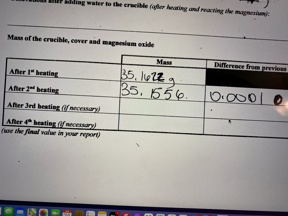 Ater adding water to the crucible (after heating and reacting the magnesium):
Mass of the crucible, cover and magnesium oxide
Mass
Difference from previous
35, 1622 a
35.556.
After 1 heating
After 2nd heating
After 3rd heating (if necessary)
After 4th heating (if necessary)
(use the final value in your report)
24
