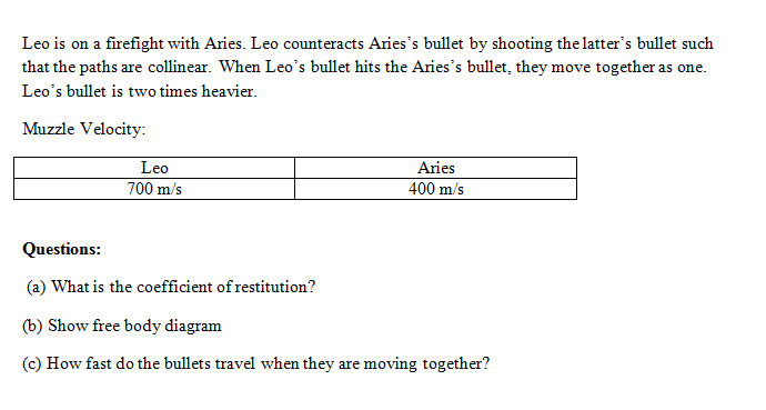 Leo is on a firefight with Aries. Leo counteracts Aries's bullet by shooting the latter's bullet such
that the paths are collinear. When Leo's bullet hits the Aries's bullet, they move together as one.
Leo's bullet is two times heavier.
Muzzle Velocity:
Leo
Aries
700 m/s
400 m/s
Questions:
(a) What is the coefficient of restitution?
(b) Show free body diagram
(c) How fast do the bullets travel when they are moving together?
