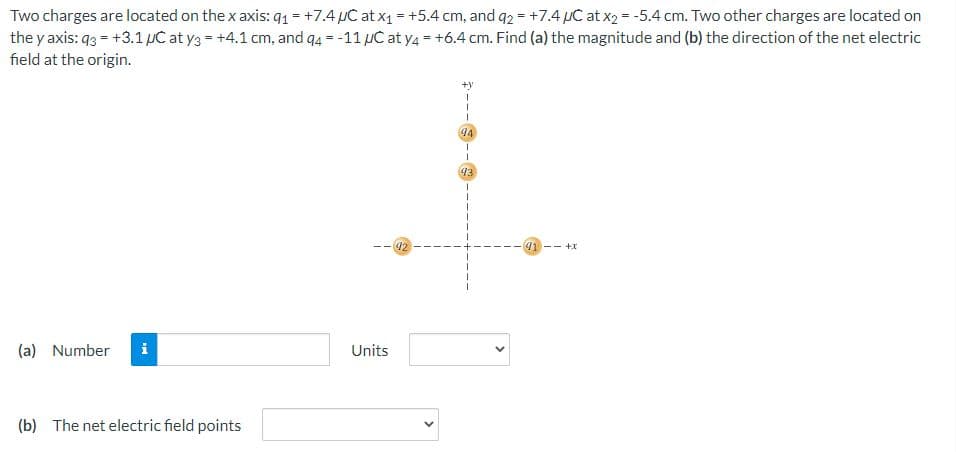 Two charges are located on the x axis: q1 = +7.4 µC at x4 = +5.4 cm, and q2 = +7.4 UC at x2 = -5.4 cm. Two other charges are located on
the y axis: q3 = +3.1µC at y3 = +4.1 cm, and q4 = -11 µC at Y4 = +6.4 cm. Find (a) the magnitude and (b) the direction of the net electric
%3D
%3D
field at the origin.
94
43
91-- +r
(a) Number
i
Units
(b) The net electric field points
