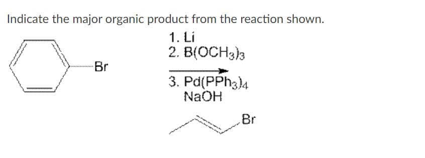 Indicate the major organic product from the reaction shown.
1. Li
2. B(OCH3)3
Br
3. Pd(PPH3)4
NaOH
Br
