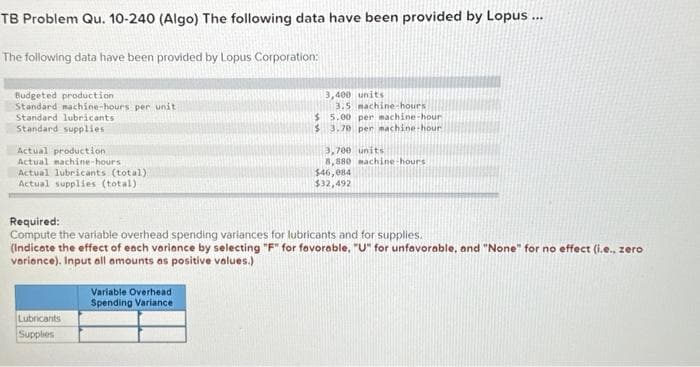 TB Problem Qu. 10-240 (Algo) The following data have been provided by Lopus...
The following data have been provided by Lopus Corporation:
Budgeted production
Standard machine-hours per unit
Standard lubricants
Standard supplies
Actual production
Actual machine-hours
Actual lubricants (total)
Actual supplies (total)
3,400 units
Lubricants
Supplies
3.5 machine-hours
$ 5,00 per machine-hour
$ 3.70 per machine-hour
Variable Overhead
Spending Variance
3,700 units
8,880 machine-hours
Required:
Compute the variable overhead spending variances for lubricants and for supplies.
$46,084
$32,492
(Indicate the effect of each variance by selecting "F" for favorable, "U" for unfavorable, and "None" for no effect (i.e., zero
variance). Input all amounts as positive values.)