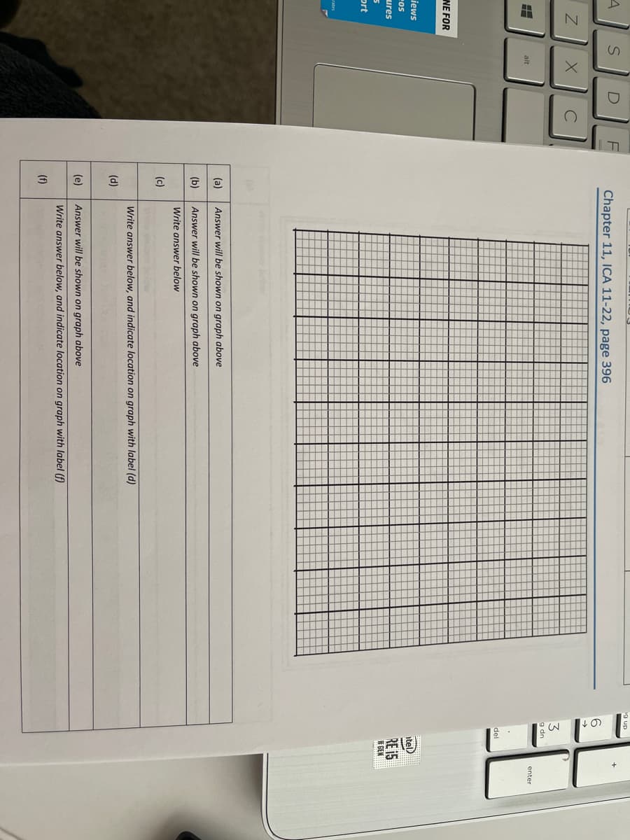 up
Chapter 11, ICA 11-22, page 396
C
3
g dn
alt
enter
del
NE FOR
iews
itel)
cos
RE 15
ures
# GEN
prt
(a)
Answer will be shown on graph above
(b)
Answer will be shown on graph above
Write answer below
(c)
Write answer below, and indicate location on graph with label (d)
(d)
(e)
Answer will be shown on graph above
Write answer below, and indicate location on graph with label (f)
(f)
