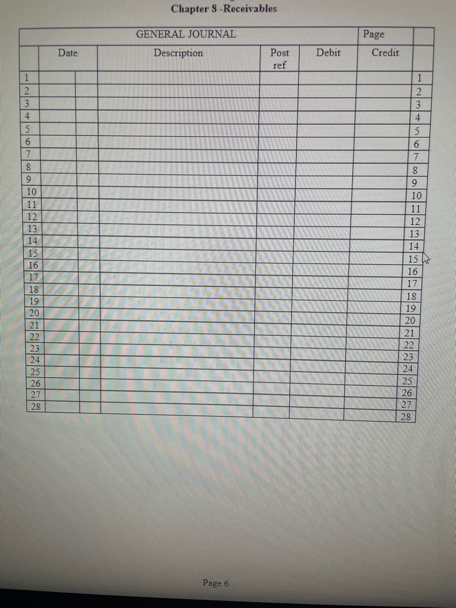 1
2
3
4
5
6
7
8
9
10
11
12
13
14
15
16
17
18
19
20
21
22
23
24
25
26
27
28
Date
Chapter 8-Receivables
GENERAL JOURNAL
Description
Page 6
Post
ref
Debit
Page
Credit
1
2
3
4
5
6
7
8
9
10
11
12
13
14
15
16
17
18
19
20
21
22
23
24
25
26
27
28