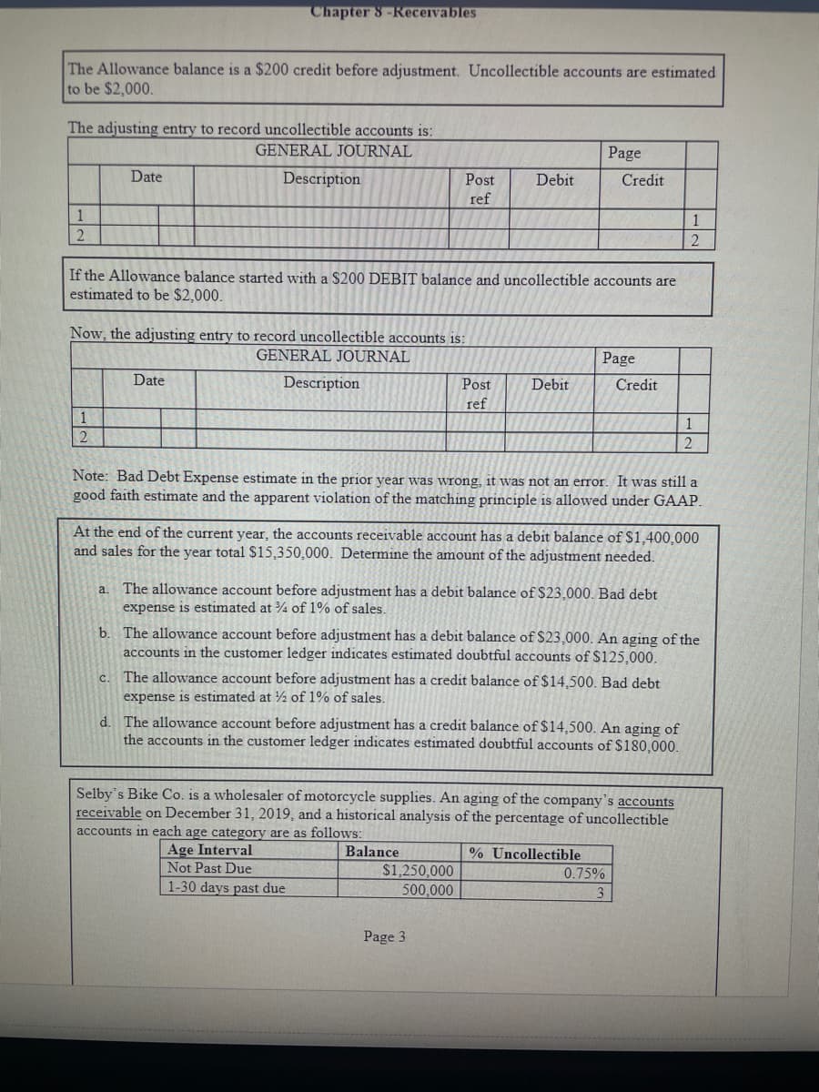 The Allowance balance is a $200 credit before adjustment. Uncollectible accounts are estimated
to be $2,000.
The adjusting entry to record uncollectible accounts is:
GENERAL JOURNAL
1
2
1
2
Date
Chapter 8-Receivables
Now, the adjusting entry to record uncollectible accounts is:
GENERAL JOURNAL
Description
a.
Description
If the Allowance balance started with a $200 DEBIT balance and uncollectible accounts are
estimated to be $2,000.
Date
с.
Post
ref
Debit
Post
ref
Note: Bad Debt Expense estimate in the prior year was wrong, it was not an error. It was still a
good faith estimate and the apparent violation of the matching principle is allowed under GAAP.
Age Interval
Not Past Due
1-30 days past due
Debit
At the end of the current year, the accounts receivable account has a debit balance of $1,400,000
and sales for the year total $15,350,000. Determine the amount of the adjustment needed.
Page
Credit
The allowance account before adjustment has a debit balance of $23,000. Bad debt
expense is estimated at 4 of 1% of sales.
Balance
Page
Credit
$1,250,000
500,000
b.
The allowance account before adjustment has a debit balance of $23,000. An aging of the
accounts in the customer ledger indicates estimated doubtful accounts of $125,000.
The allowance account before adjustment has a credit balance of $14,500. Bad debt
expense is estimated at 2 of 1% of sales.
Page 3
d.
The allowance account before adjustment has a credit balance of $14,500. An aging of
the accounts in the customer ledger indicates estimated doubtful accounts of $180,000.
Selby's Bike Co. is a wholesaler motorcycle supplies. An aging of the company's accounts
receivable on December 31, 2019, and a historical analysis of the percentage of uncollectible
accounts in each age category are as follows:
% Uncollectible
1
2
1
2
0.75%
3