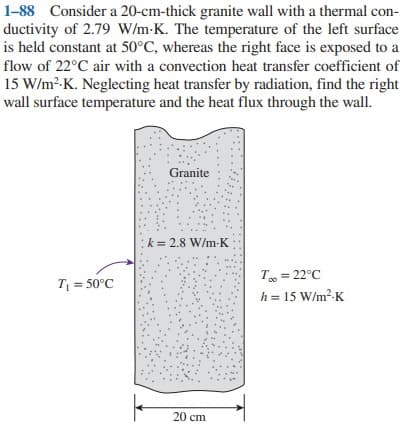 1-88 Consider a 20-cm-thick granite wall with a thermal con-
ductivity of 2.79 W/m-K. The temperature of the left surface
is held constant at 50°C, whereas the right face is exposed to a
flow of 22°C air with a convection heat transfer coefficient of
15 W/m?-K. Neglecting heat transfer by radiation, find the right
wall surface temperature and the heat flux through the wall.
Granite
:k= 2.8 W/m-K
T = 22°C
T = 50°C
h = 15 W/m²-K
20 cm
