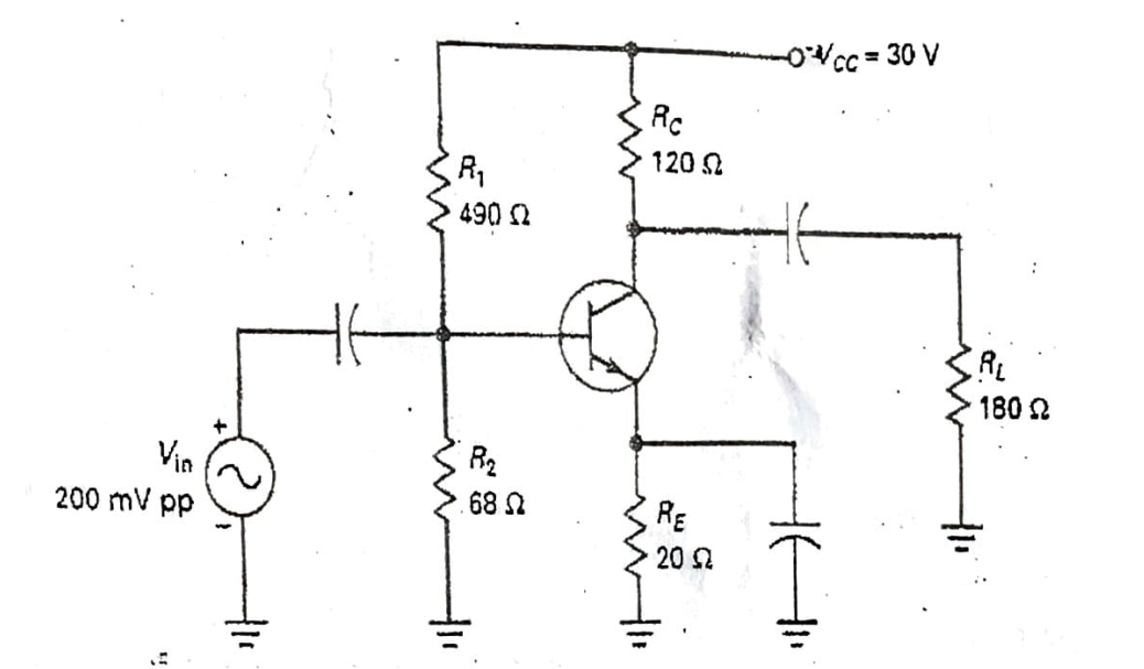 0VCC = 30 V
%3D
Rc
120 2
R1
490 2
180 2
R2
Vin
200 mV pp
68 N
RE
20 2
