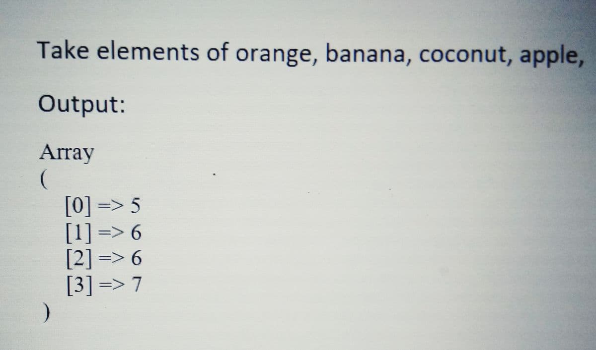 Take elements of orange, banana, coconut, apple,
Output:
Array
[0] => 5
[1] => 6
[2] => 6
[3] => 7
