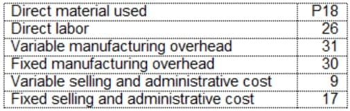 Direct material used
Direct labor
Variable manufacturing overhead
Fixed manufacturing overhead
Variable selling and administrative cost
Fixed selling and administrative cost
P18
26
31
30
9.
17
