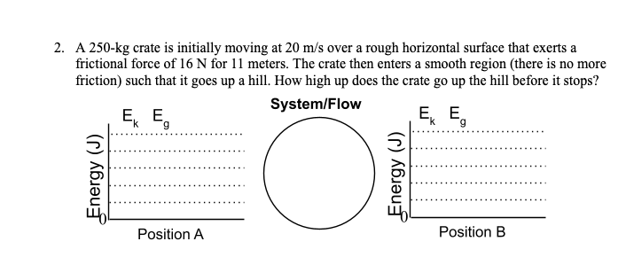 2. A 250-kg crate is initially moving at 20 m/s over a rough horizontal surface that exerts a
frictional force of 16 N for 11 meters. The crate then enters a smooth region (there is no more
friction) such that it goes up a hill. How high up does the crate go up the hill before it stops?
System/Flow
E, E,
E, E,
Position A
Position B
Energy (J)
Energy (J)
