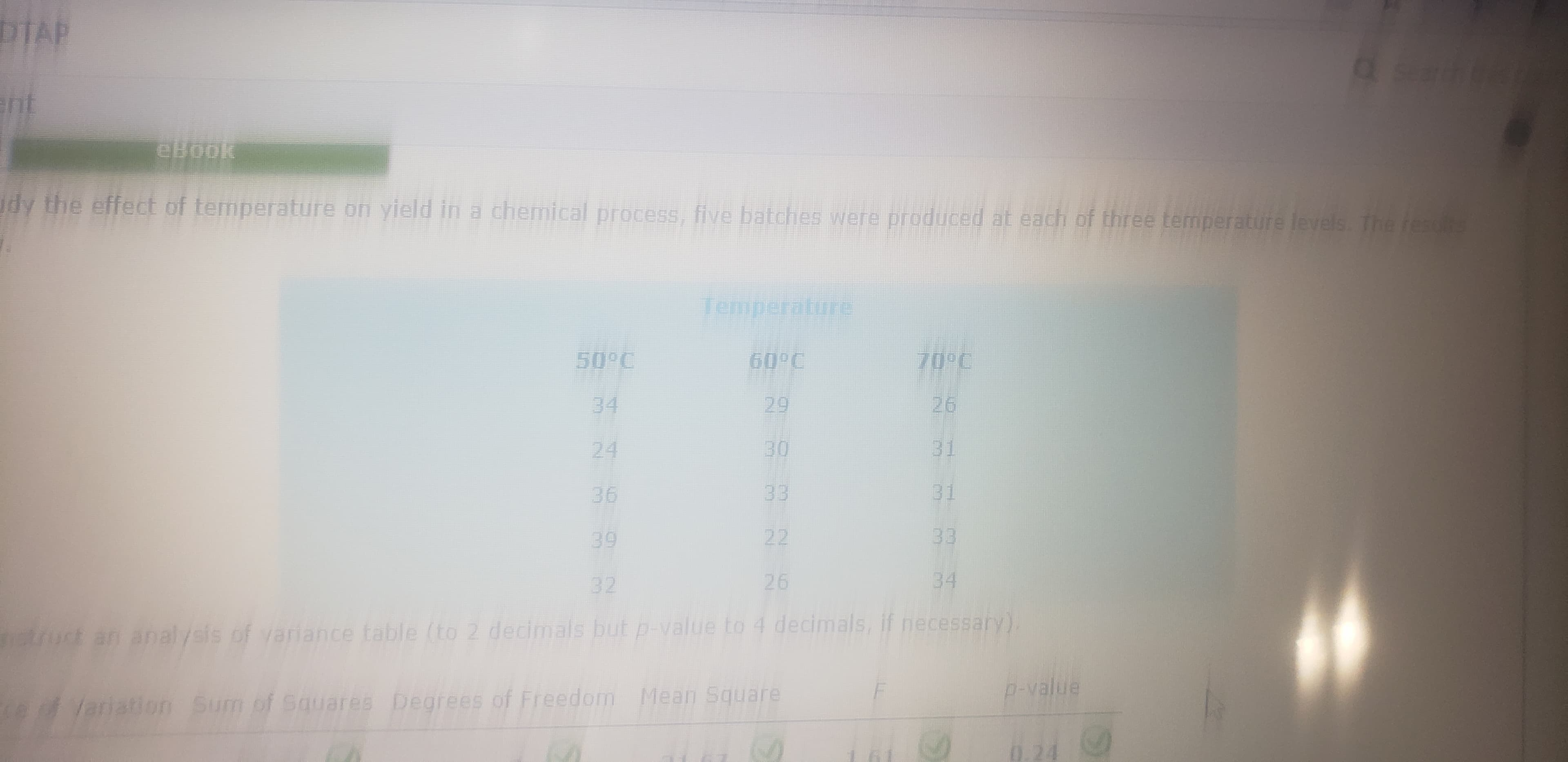 DTAP
ent
dy the effect of temperature on yield in a chemical process, five batches were produced at each of three temperatiure levels. The ress
60°C
50°C
70°C
34
26
29
31
30
24
33
31
36
22
33
39
34
26
32
an
analysis of variance table (to 2 decimals but p-value to 4 decimals, if necessary).
p-value
Variation Sum of Squares Degrees of Freedom Mean Square
0.24
N.
