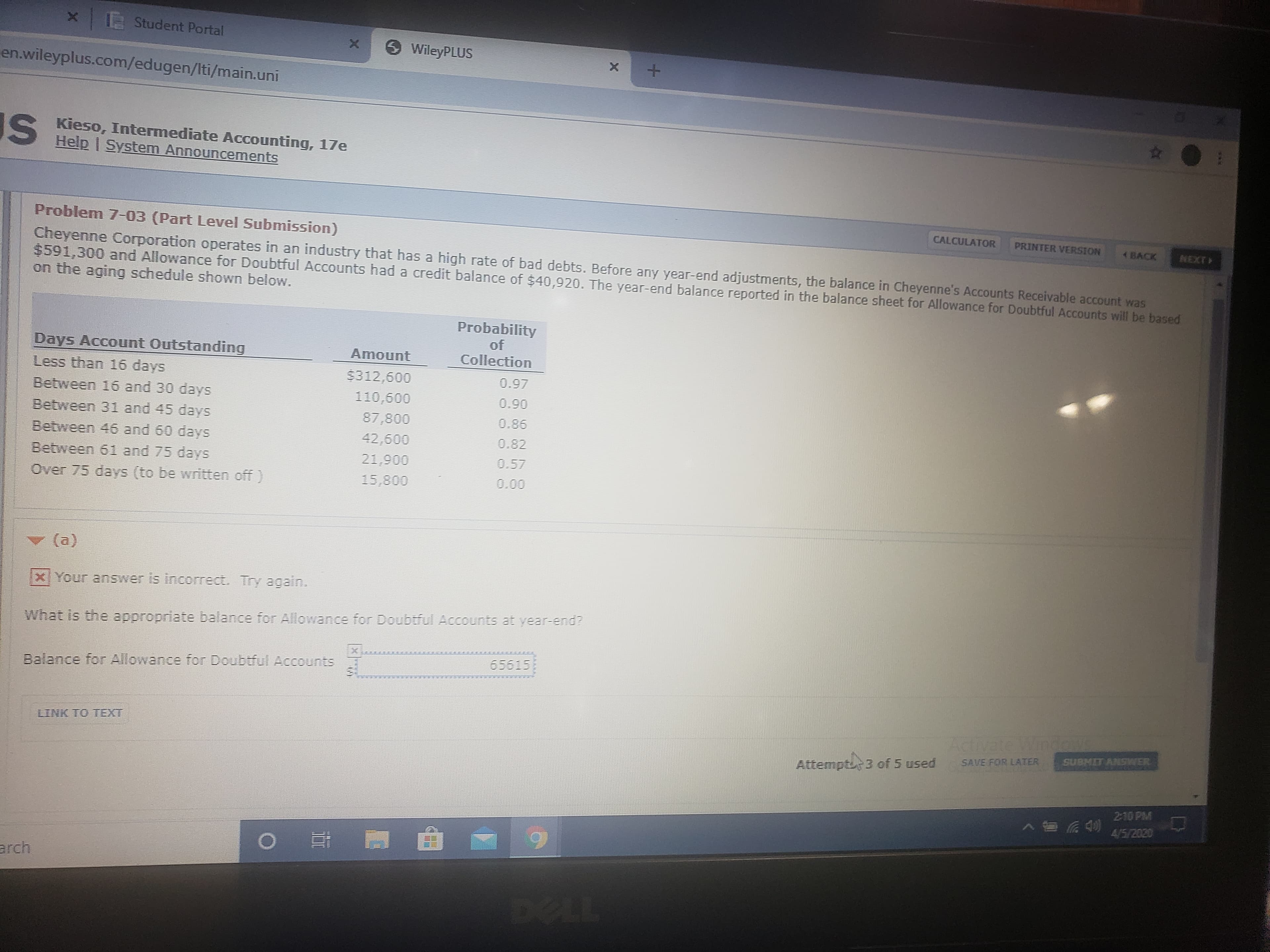 E Student Portal
O WileyPLUS
en.wileyplus.com/edugen/Iti/main.uni
IS
Kieso, Intermediate Accounting, 17e
Help I System Announcements
Problem 7-03 (Part Level Submission)
CALCULATOR
PRINTER VERSION
4BACK
NEXT
Cheyenne Corporation operates in an industry that has a high rate of bad debts. Before any year-end adjustments, the balance in Cheyenne's Accounts Receivable account was
$591,300 and Allowance for Doubtful Accounts had a credit balance of $40,920. The year-end balance reported in the balance sheet for Allowance for Doubtful Accounts will be based
on the aging schedule shown below.
Probability
Days Account Outstanding
of
Collection
Amount
Less than 16 days
$312,600
0.97
Between 16 and 30 dayys
110,600
0.90
Between 31 and 45 days
Between 46 and 60 days
Between 61 and 75 days
87,800
0.86
42,600
0.82
21,900
0.57
Over 75 days (to be written off)
15,800
0.00
(a)
x Your answer is incorrect. Try again.
What is the appropriate balance for Allowance for Doubtful Accounts at year-end?
65615
Balance for Allowance for Doubtful Accounts
LINK TO TEXT
Activate Windows
SAVE FOR LATER
SUBMIT ANSWER
Attempt 3 of 5 used
2:10 PM
4/5/2020
arch
DOLL
898
