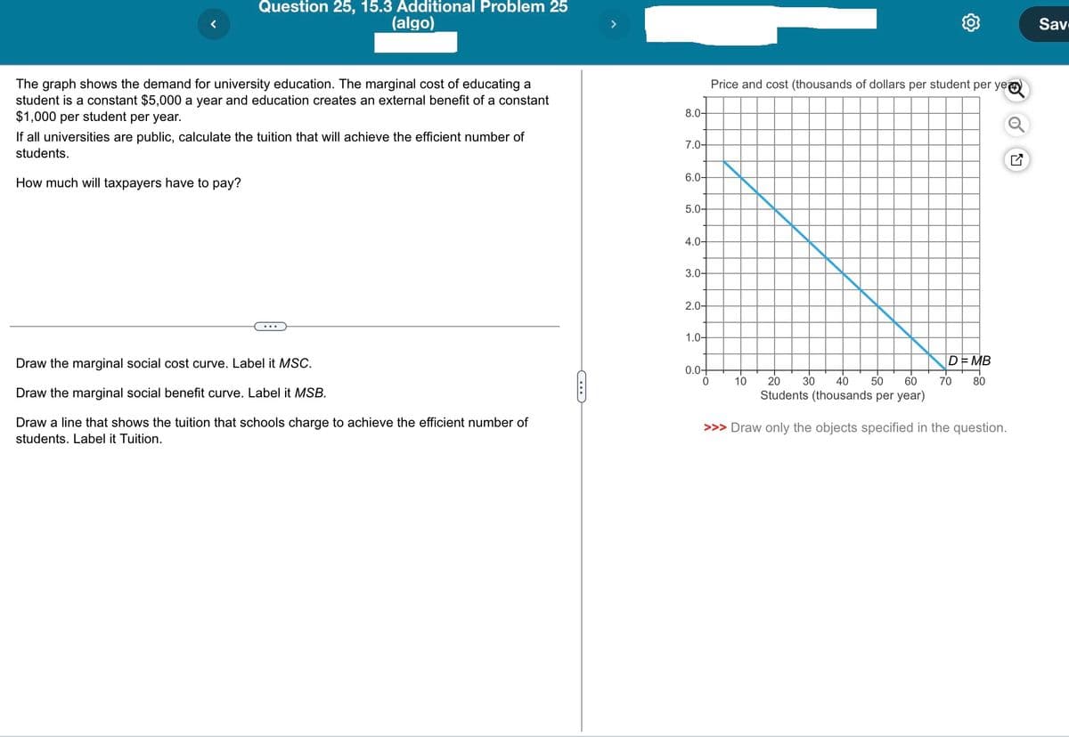 Question 25, 15.3 Additional Problem 25
(algo)
The graph shows the demand for university education. The marginal cost of educating a
student is a constant $5,000 a year and education creates an external benefit of a constant
$1,000 per student per year.
If all universities are public, calculate the tuition that will achieve the efficient number of
students.
How much will taxpayers have to pay?
...
Draw the marginal social cost curve. Label it MSC.
Draw the marginal social benefit curve. Label it MSB.
Draw a line that shows the tuition that schools charge to achieve the efficient number of
students. Label it Tuition.
8.0-
7.0-
6.0-
5.0-
4.0-
3.0-
2.0-
1.0-
Price and cost (thousands of dollars per student per yea
D=MB
20 30 40 50 60 70 80
Students (thousands per year)
>>> Draw only the objects specified in the question.
0.0+
0
10
o
Ly
Sav-