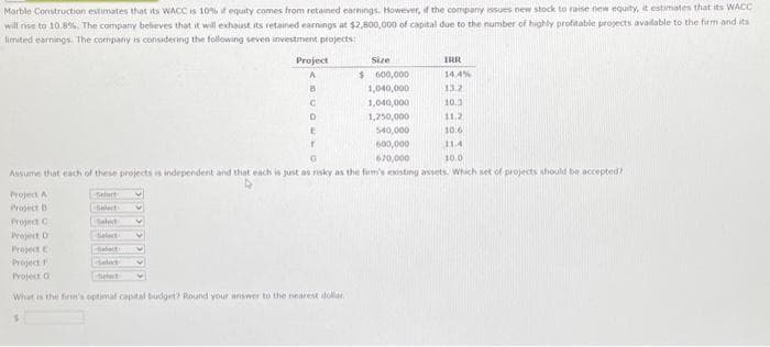 Marble Construction estimates that its WACC is 10% if equity comes from retained earnings. However, if the company issues new stock to raise new equity, it estimates that its WACC
will rise to 10.8%. The company believes that it will exhaust its retained earnings at $2,800,000 of capital due to the number of highly profitable projects available to the firm and its
limited earnings. The company is considering the following seven investment projects:
Project A
Project D
Project C
V
V
Project
A
8
fidact V
C
D
E
T
G
Assume that each of these projects is independent and that each is just as risky as the firm's existing assets. Which set of projects should be accepted?
4
Project D
Project E
Project F
Project O
What is the firm's optimal capital budget? Round your answer to the nearest dollar.
Size
$ 600,000
1,040,000
1,040,000
1,250,000
540,000
600,000
670,000
IRR
14.4%
13.2
10.3
11.2
10.6
114
10.0