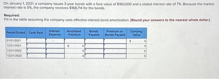 On January 1, 2021, a company issues 3-year bonds with a face value of $160,000 and a stated interest rate of 7%. Because the market
interest rate is 5%, the company receives $168,714 for the bonds.
Required:
Fill in the table assuming the company uses effective-interest bond amortization. (Round your answers to the nearest whole dollar.)
Period Ended Cash Paid
01/01/2021
12/31/2021
12/31/2022
12/31/2023
Interest
Expense
Amortized
Premium
$
0
0
0
Bonds
Payable
Premium on
Bonds Payable
Carrying
Value
$
0
0
0
0