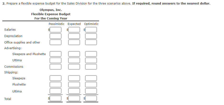 2. Prepare a flexible expense budget for the Sales Division for the three scenarios above. If required, round answers to the nearest dollar.
Olympus, Inc.
Flexible Expense Budget
For the Coming Year
Salaries
Depreciation
Office supplies and other
Advertising:
Sleepeze and Plushette
Ultima
Commissions
Shipping:
Total
Sleepeze
Plushette
Ultima
Pessimistic Expected Optimistic
DUC JED
EE
10000 000
