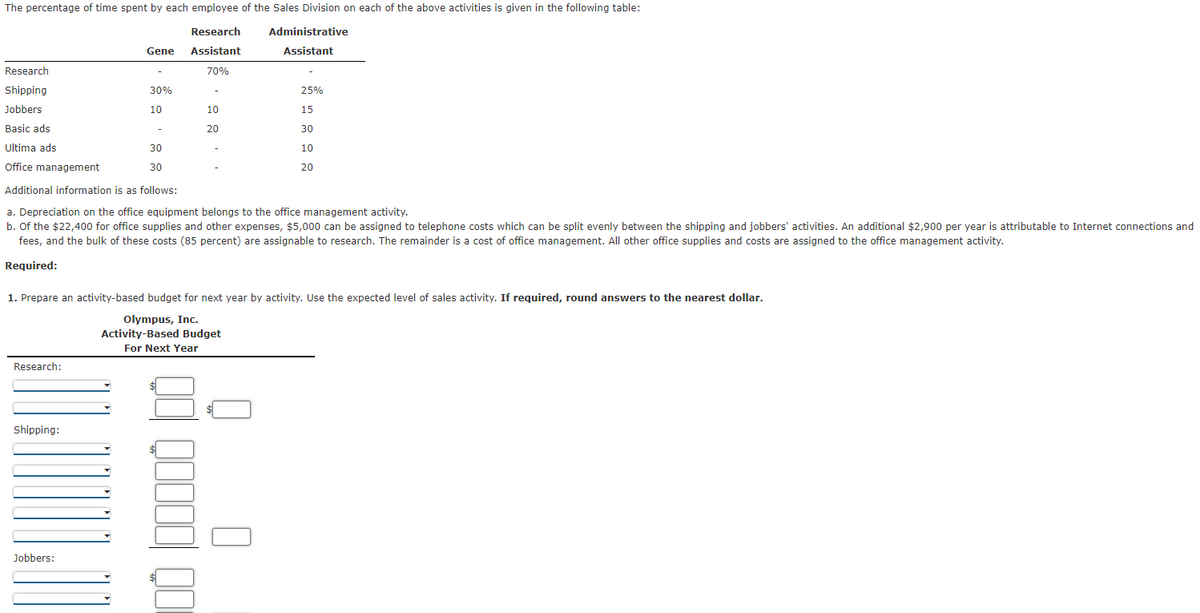 The percentage of time spent by each employee of the Sales Division on each of the above activities is given in the following table:
Research
Assistant
70%
Research
Shipping
Jobbers
Basic ads.
Research:
Gene
Shipping:
30%
10
Jobbers:
-
Ultima ads
30
Office management
30
Additional information is as follows:
a. Depreciation on the office equipment belongs to the office management activity.
b. Of the $22,400 for office supplies and other expenses, $5,000 can be assigned to telephone costs which can be split evenly between the shipping and jobbers' activities. An additional $2,900 per year is attributable to Internet connections and
fees, and the bulk of these costs (85 percent) are assignable to research. The remainder is a cost of office management. All other office supplies and costs are assigned to the office management activity.
Required:
10
20
1. Prepare an activity-based budget for next year by activity. Use the expected level of sales activity. If required, round answers to the nearest dollar.
Olympus, Inc.
Activity-Based Budget
For Next Year
Administrative
Assistant
QO000 QO
25%
15
30
10
20