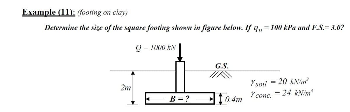 Example (11): (footing on clay)
Determine the size of the square footing shown in figure below. If q,= 100 kPa and F.S.= 3.0?
= 1000 kN
G.S.
Y soil
20 kN/m
2m
Y conc.
24 kN/m²
B = ?
0.4m
