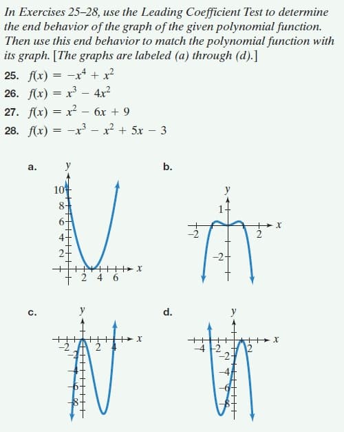 In Exercises 25-28, use the Leading Coefficient Test to determine
the end behavior of the graph of the given polynomial function.
Then use this end behavior to match the polynomial function with
its graph. [The graphs are labeled (a) through (d).]
25. f(x) = -x + x?
26. f(x) = x – 4x²
27. f(x) = x?
28. f(x) = -x – x² + 5x – 3
6x + 9
а.
y
b.
y
2
-2+
+ 2 4 6
c.
d.
14
