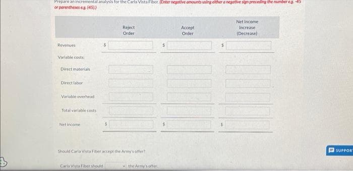 3
Prepare an incremental analysis for the Carla Vista Fiber. (Enter negative amounts using either a negative sign preceding the number eg. 45
or parentheses eg. (45))
Revenues
Variable costs
Direct materials
Direct labor
Variable overhead
Total variable costs
Net income
Reject
Order
Should Caria Vista Fiber accept the Army's offer?
Carla Vista Fiber should
the Army's offer.
Accept
Order
Net Income
Increase
(Decrease)
SUPPOR