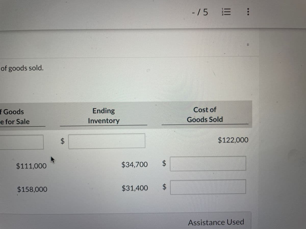 of goods sold.
f Goods
e for Sale
$111,000
$158,000
$
Ending
Inventory
$34,700
LA
$31,400 $
-/5 = :
Cost of
Goods Sold
$122,000
Assistance Used