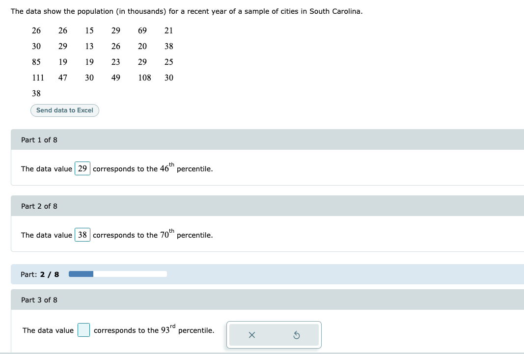 The data show the population (in thousands) for a recent year of a sample of cities in South Carolina.
26
26
15
29
69
21
30
29
13
26
20
38
85
19
19
23
29
25
111
47
30
49
108
30
38
Send data to Excel
Part 1 of 8
The data value 29 corresponds to the 46"
percentile.
Part 2 of 8
The data value 38 corresponds to the 70"n
percentile.
Part: 2 / 8
Part 3 of 8
The data value
corresponds to the 93rd
percentile.
